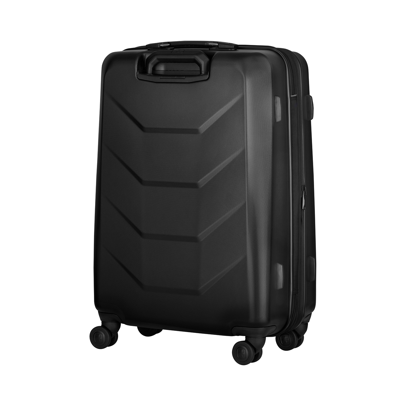 Black suitcase with wheels, handle, and zipper on a black background