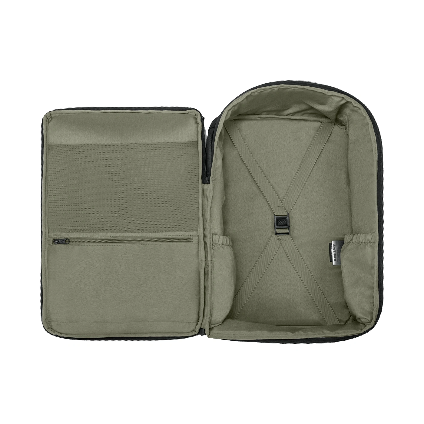 Open suitcase with interior compartments and compression straps