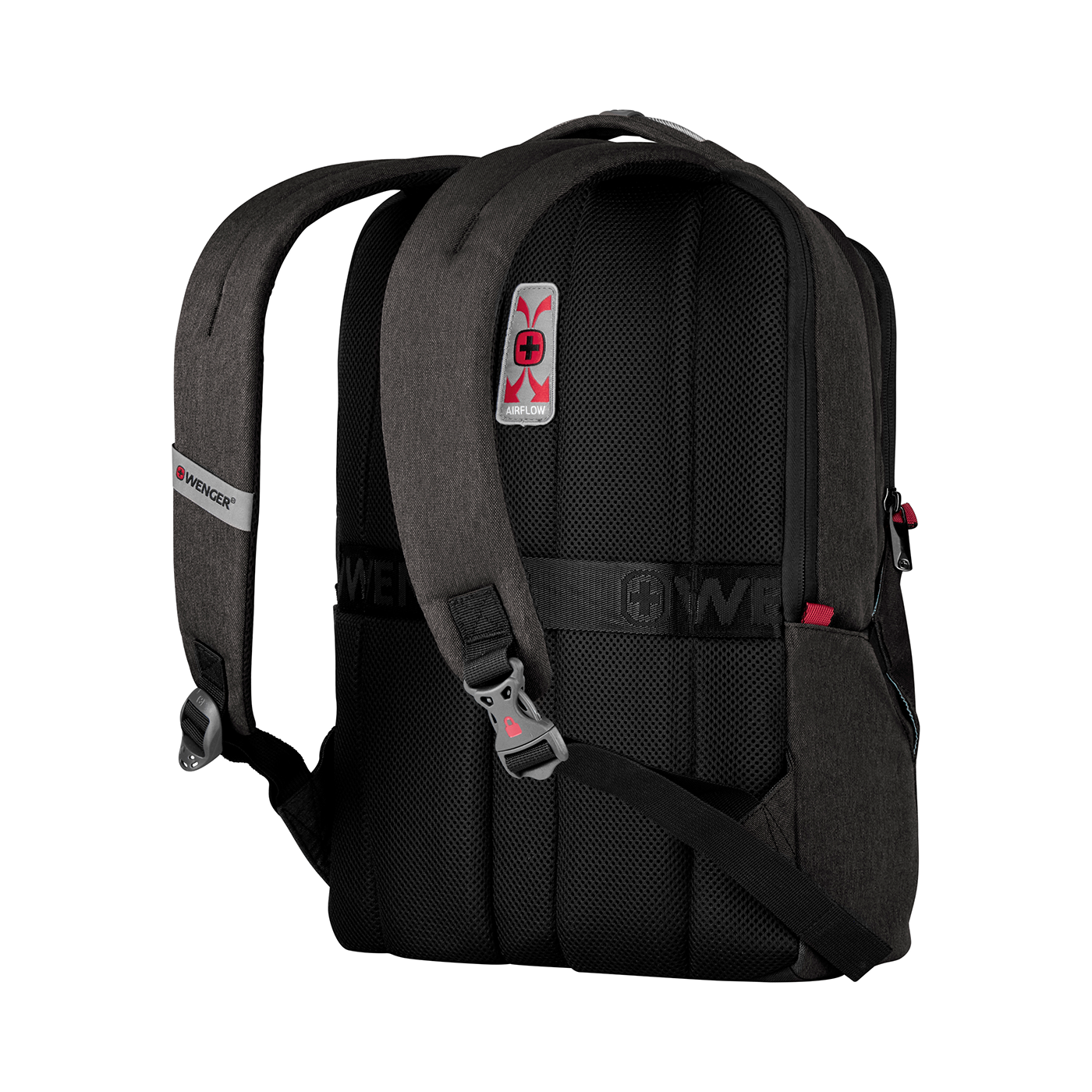 Black backpack with Airflow system and Wenger logo, detail view, close-up, isolated on black background.