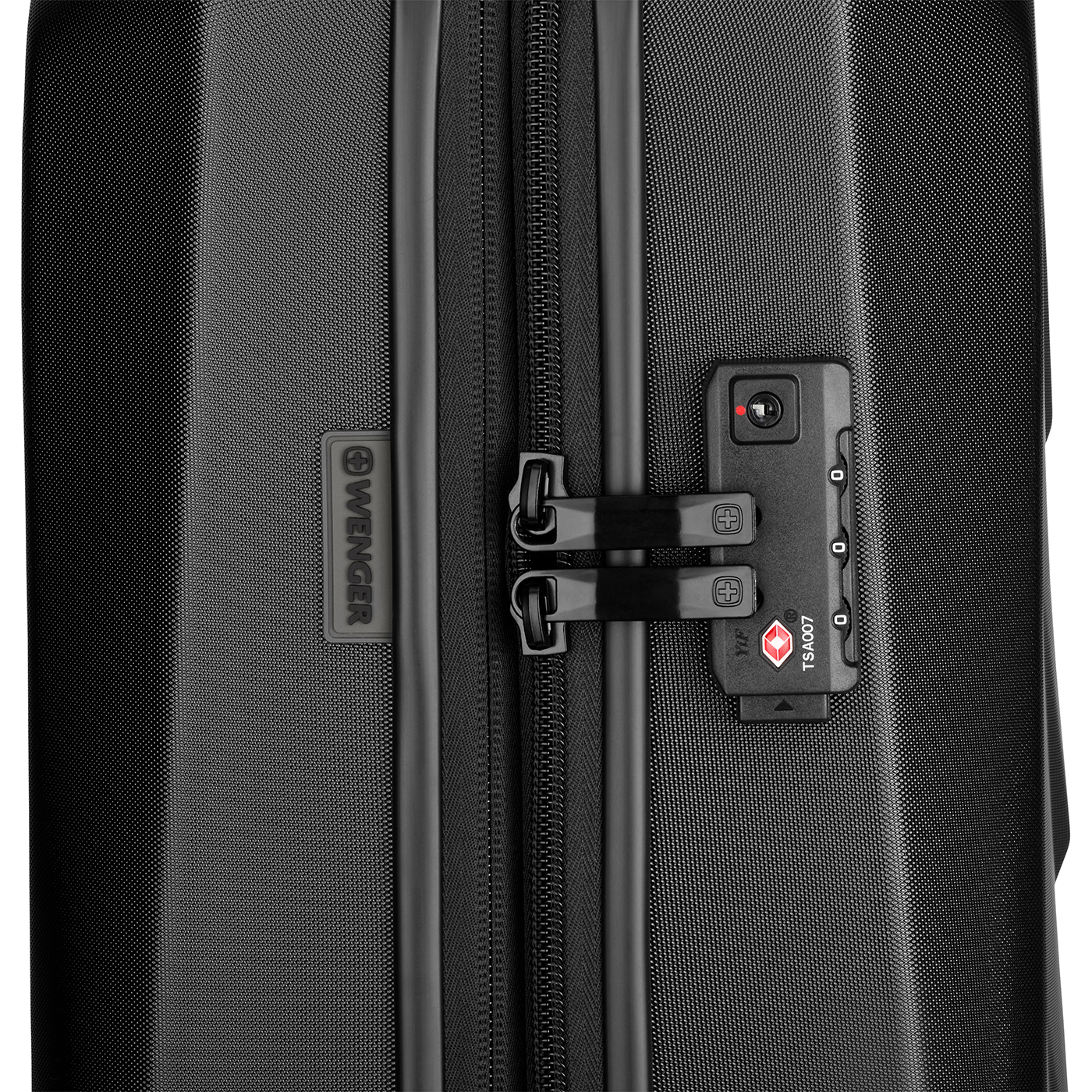 Black suitcase with lock and zipper, TSA certification, Wenger brand