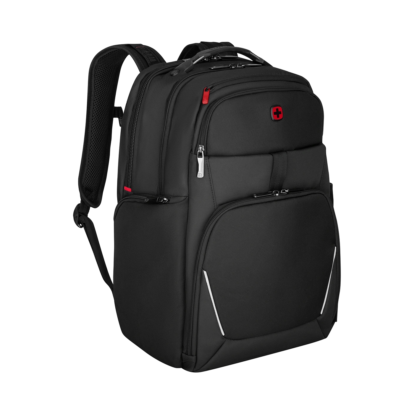 Schwarzer Rucksack mit rotem Akzent und Schweizer Kreuz Logo auf schwarzem Hintergrund.