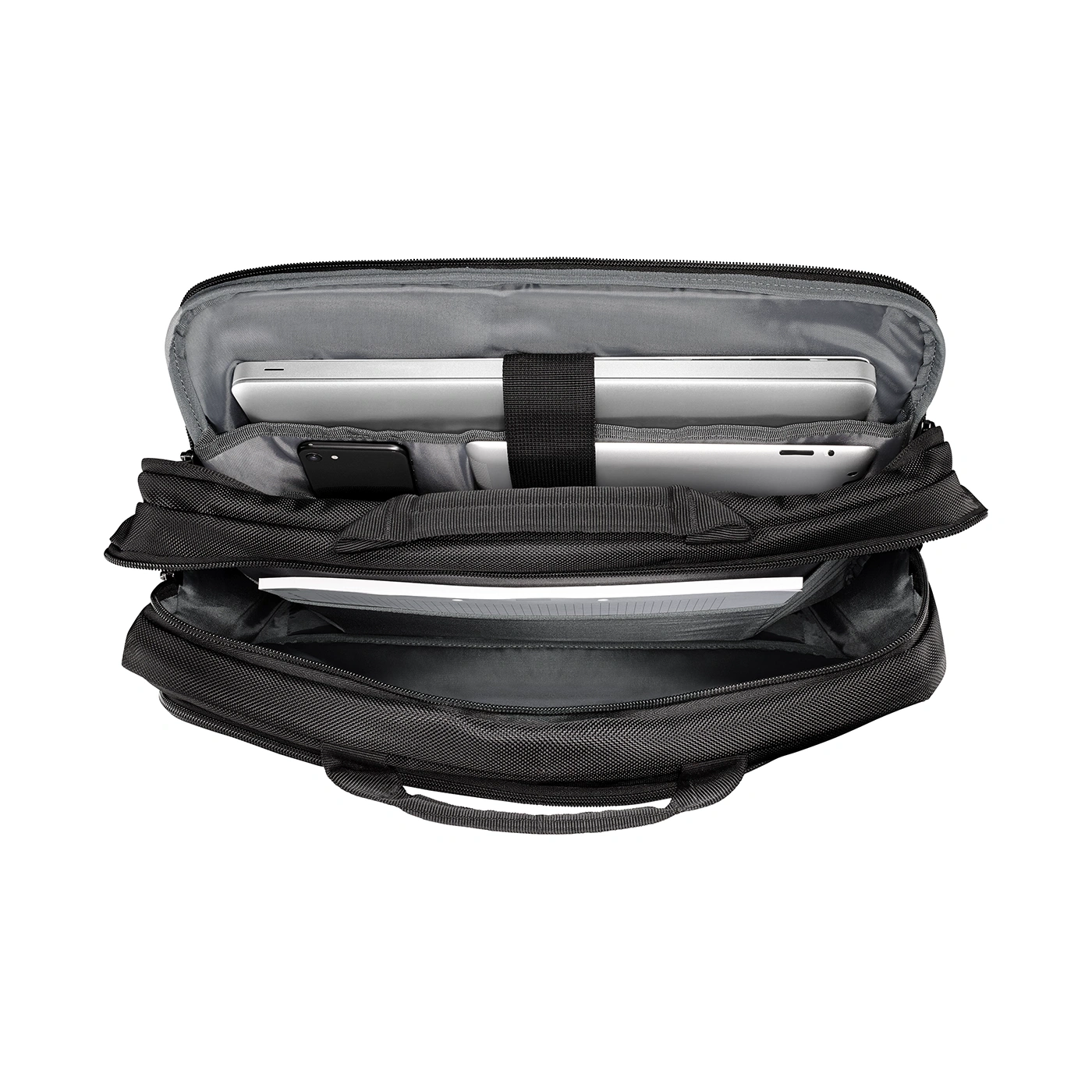 Black laptop bag, open, with laptop, tablet, and phone inside
