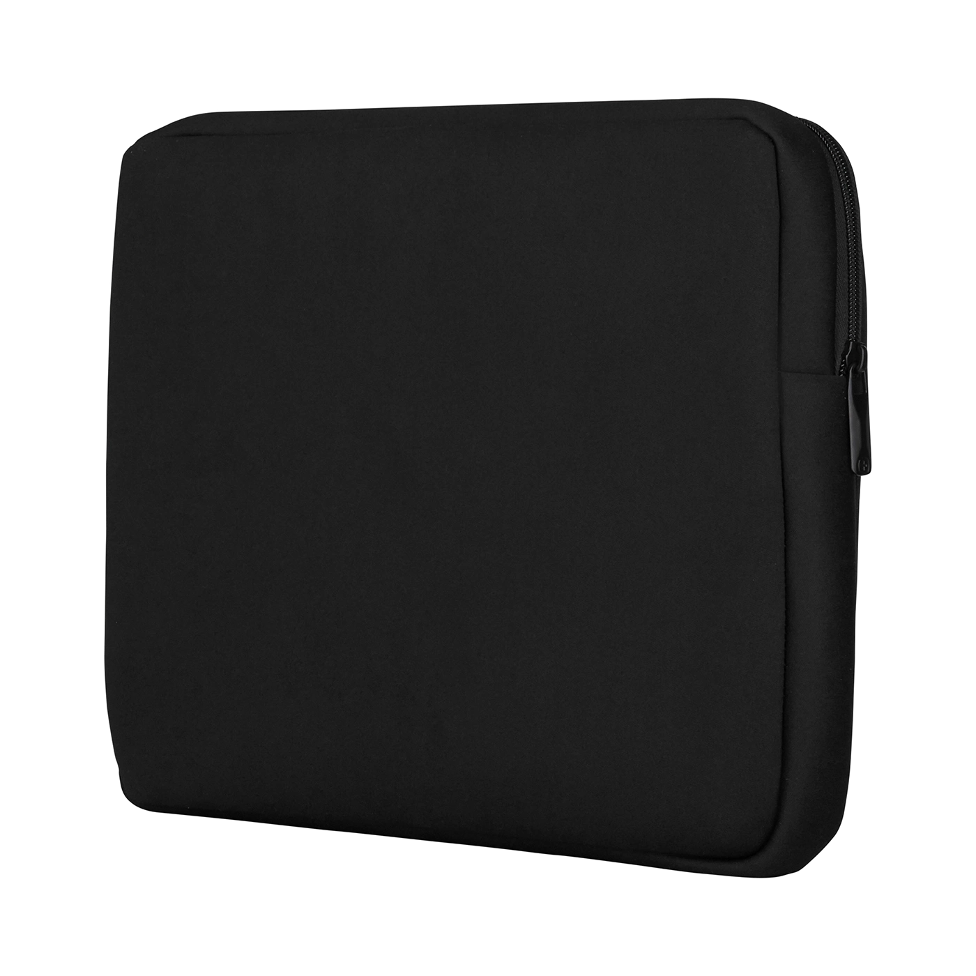 Black laptop sleeve with zipper isolated on black background, close up