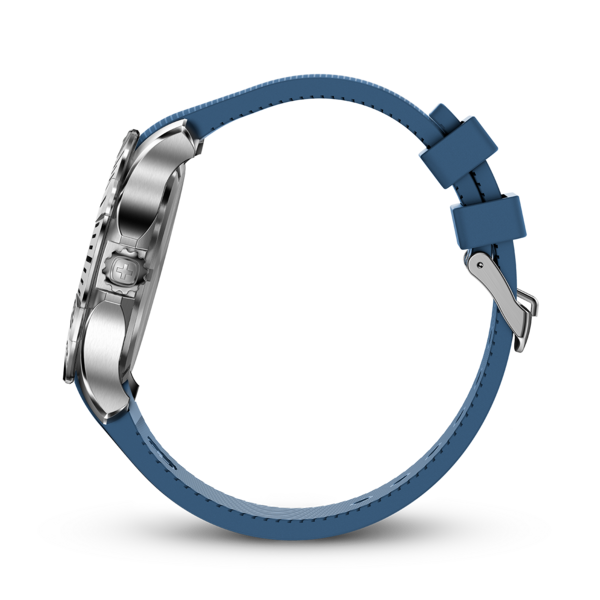 Blue watch with silver case and strap, side view, close-up shot, elegant design