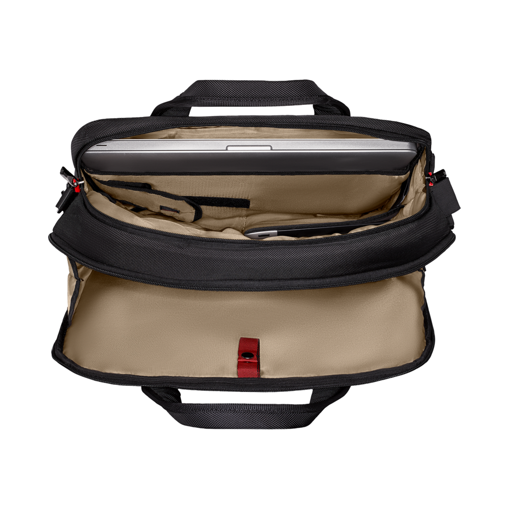 Black laptop bag, open, with laptop and accessories, inside view, close-up