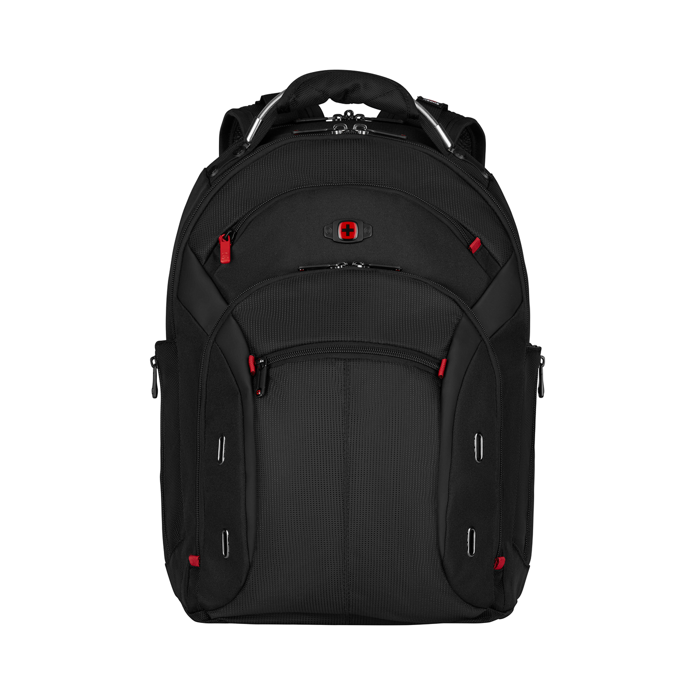 Black backpack with red accents and Swiss cross logo on a black background.