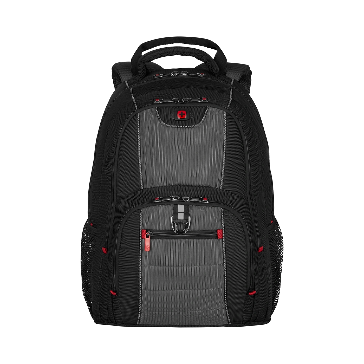 Black backpack with red accents and gray center section, set against a black background.