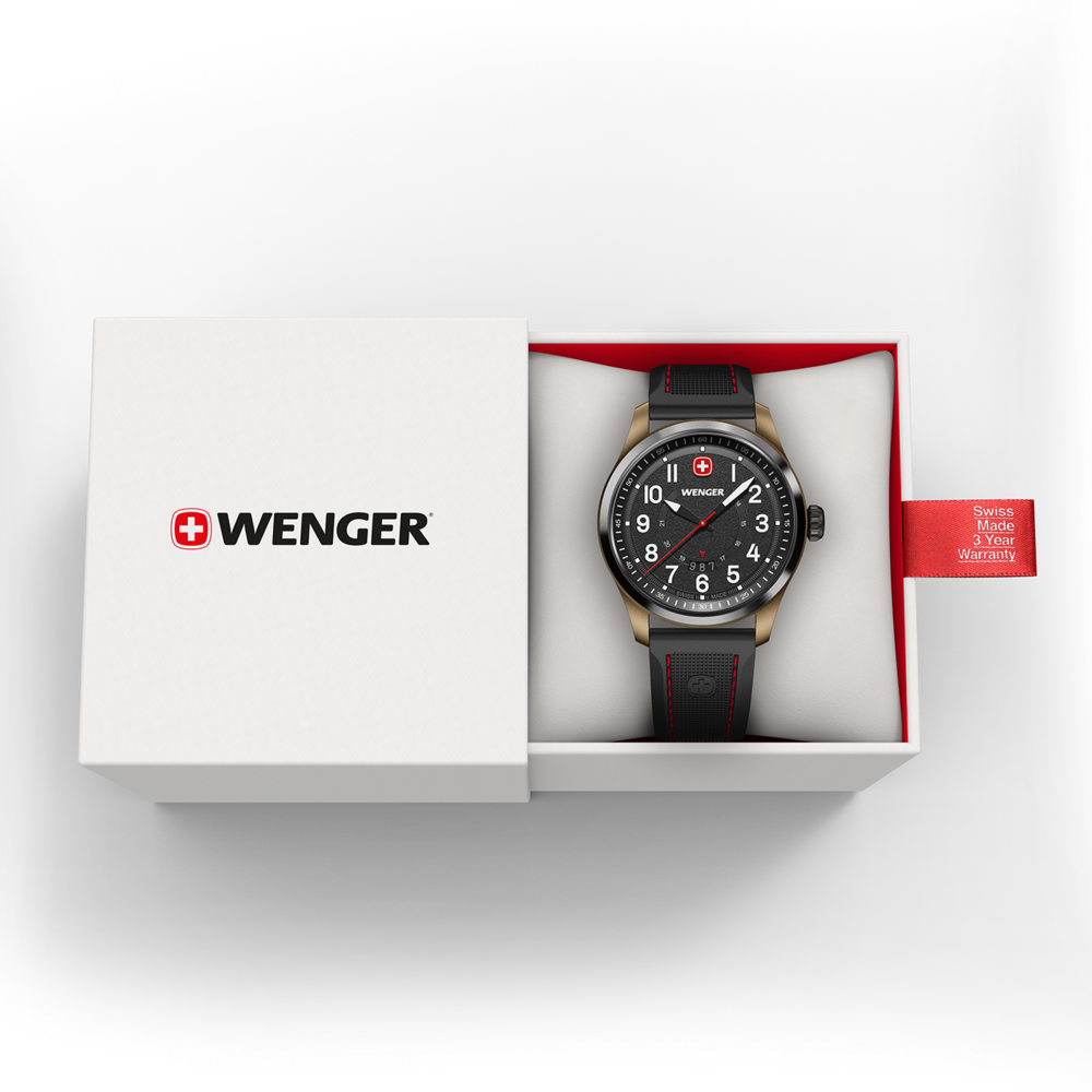Wenger watch in box, Swiss Made, 3 year warranty, black dial, red accents