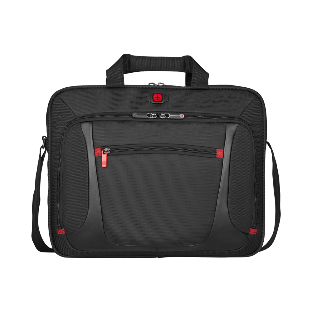 Black briefcase with red zipper and shoulder strap, Swissgear brand, isolated.