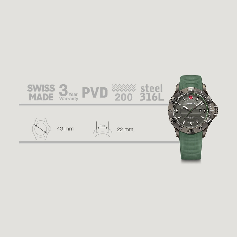 Wenger watch, Swiss Made, 3 year warranty, PVD, steel, 200m, 43mm, 22mm