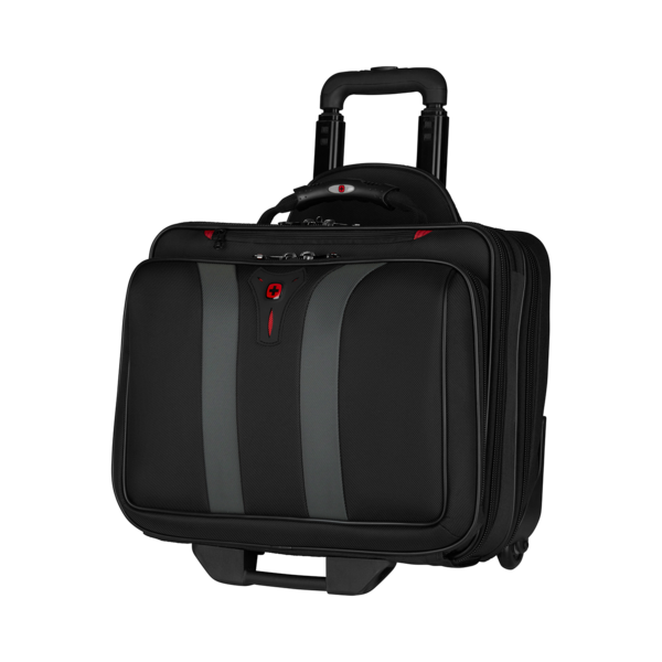 Black rolling suitcase with gray stripes and red logo on a black background.