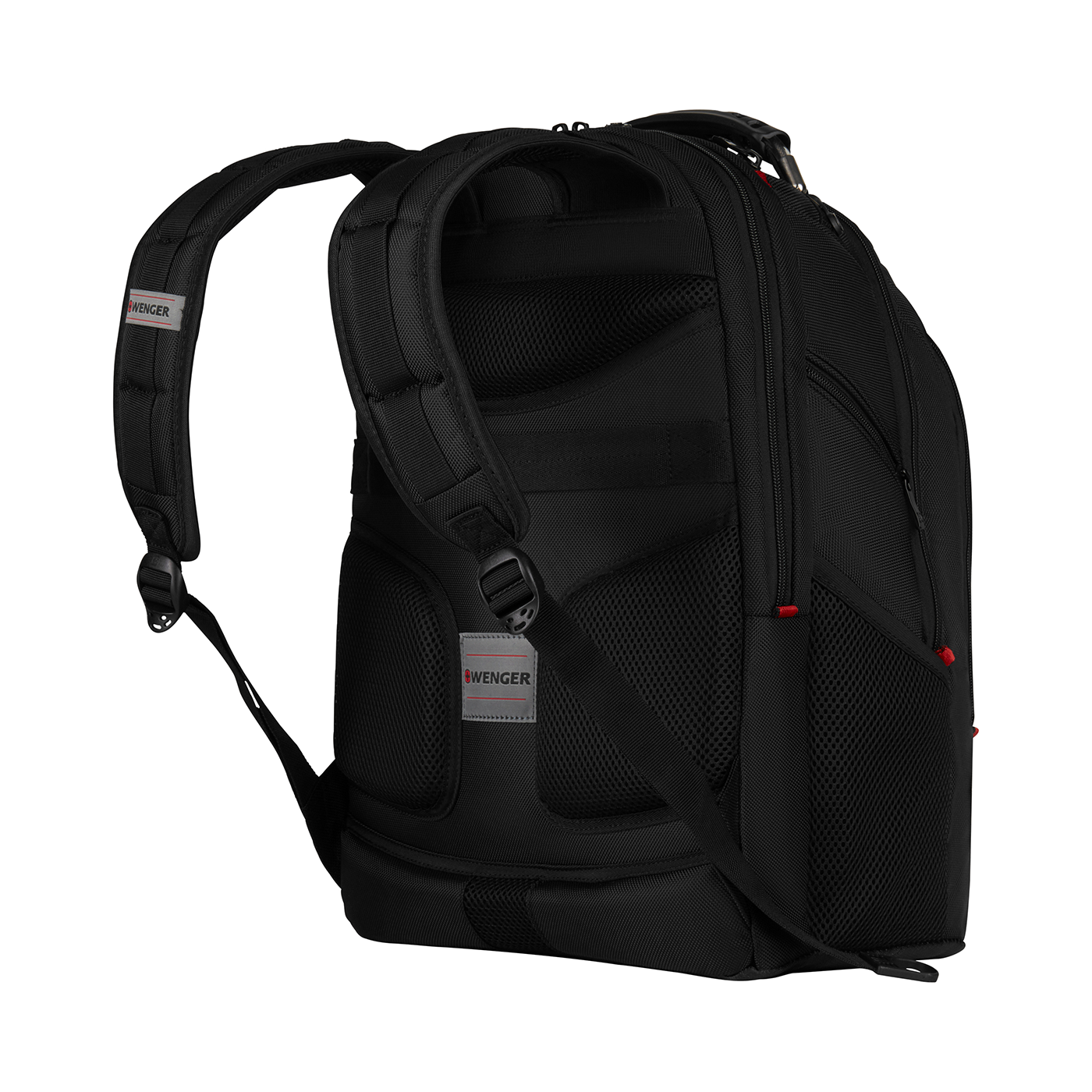 Black Wenger backpack with padded straps and mesh inserts, perfect for travel.