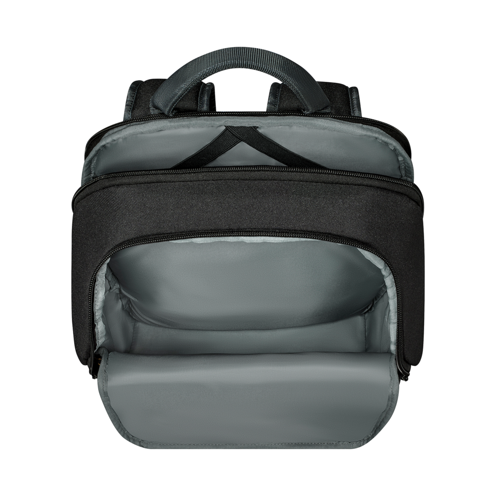 Black backpack, open, with gray lining, seen from above, isolated on black