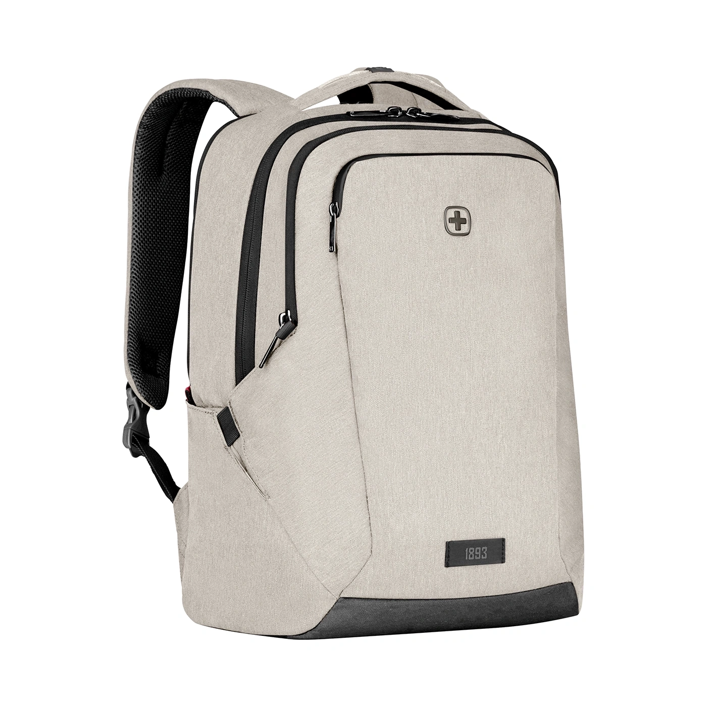 Beige backpack with black details and zippers, featuring the 1893 logo.