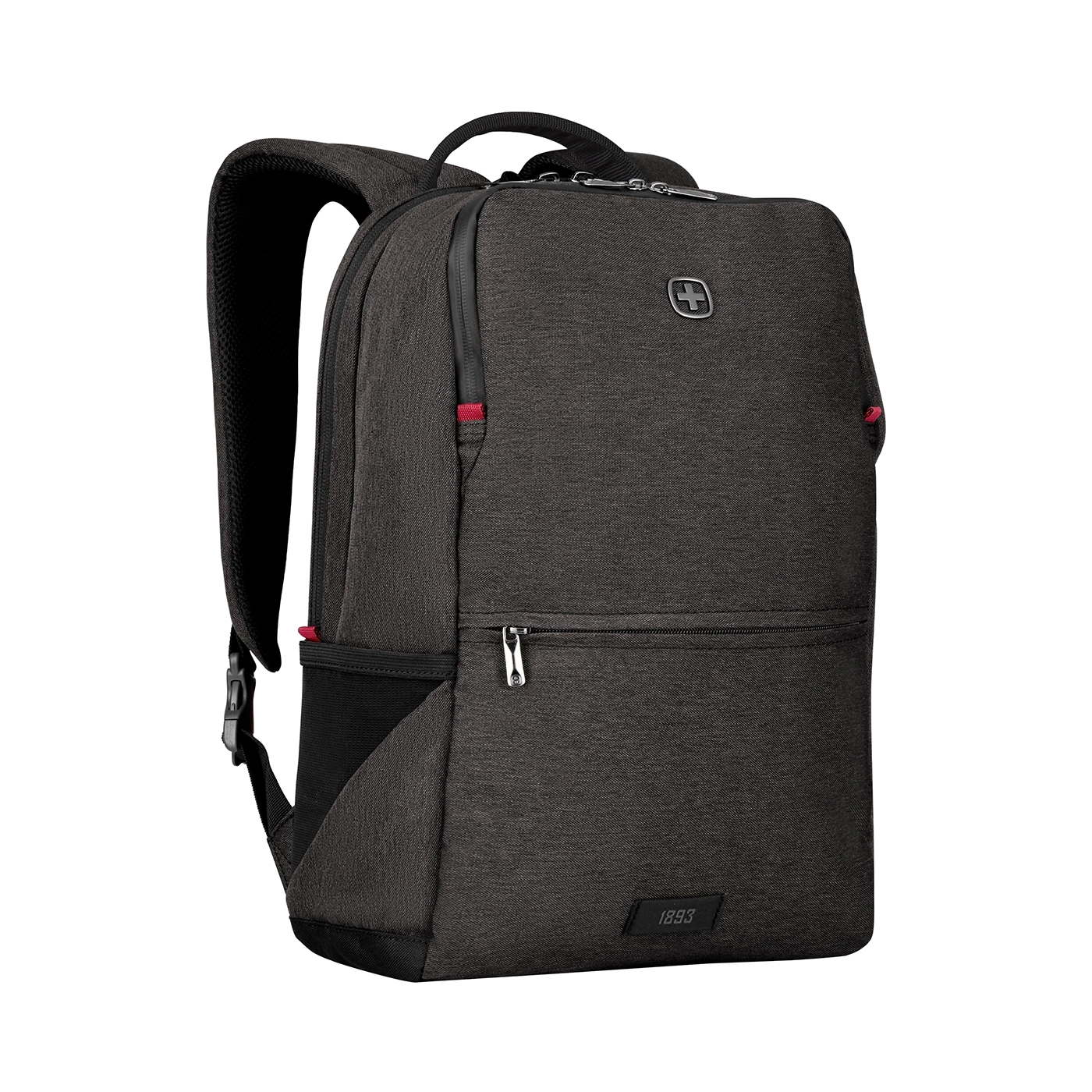 Dark gray backpack with zipper and logo on a black background