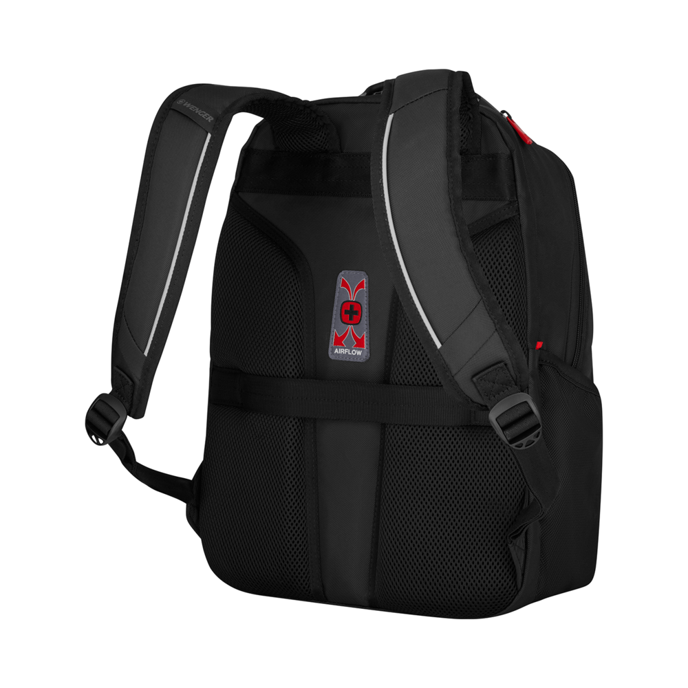 Black backpack with Airflow system and Wenger logo, close-up detail shot