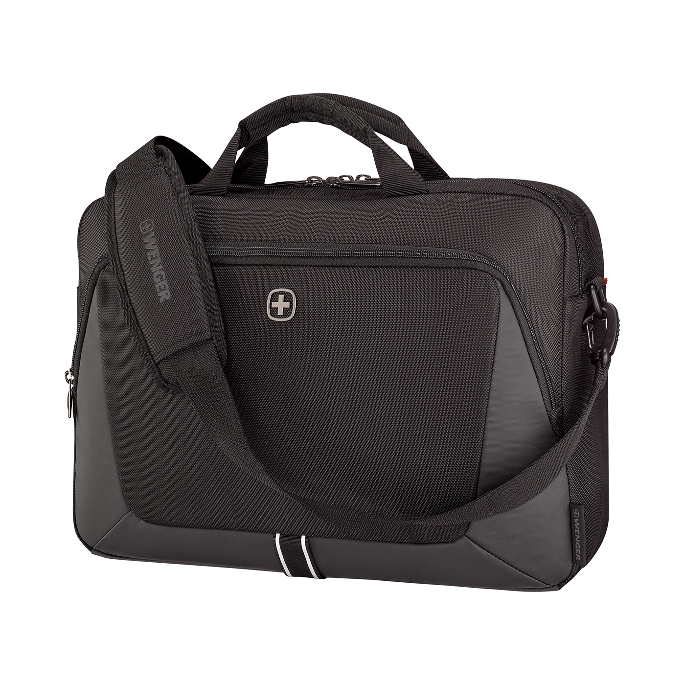 Black Wenger laptop bag with shoulder strap and logo, isolated on white background.
