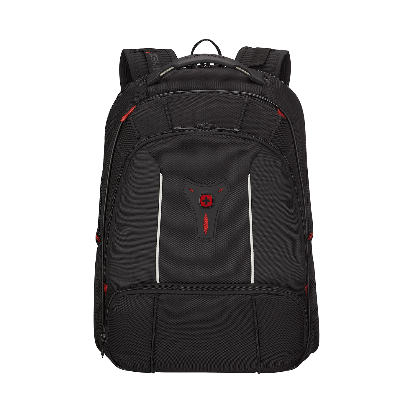 Black backpack with red accents and white stripe, Swissgear brand.
