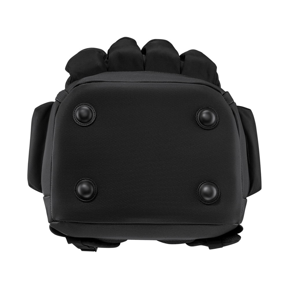 Black backpack from below with four feet