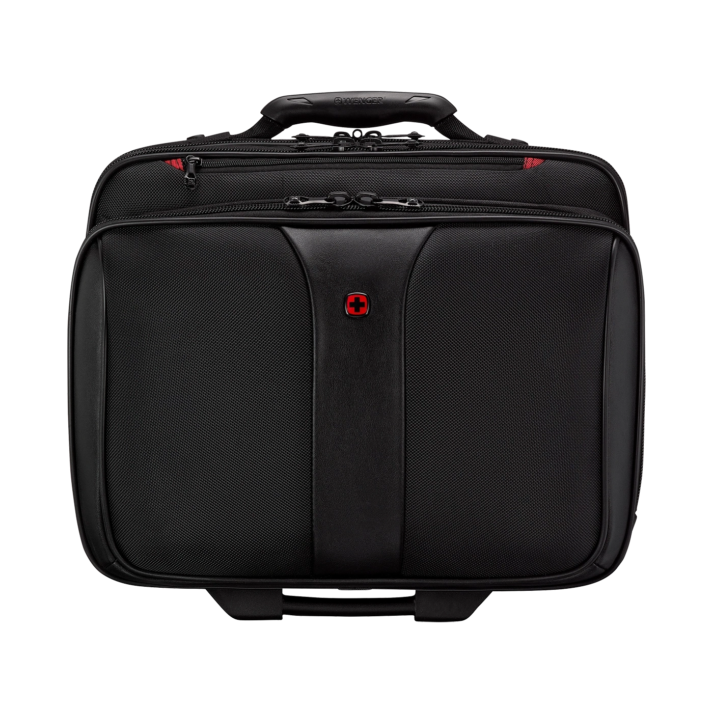 Black suitcase with handle and logo, perfect for travel and work purposes.