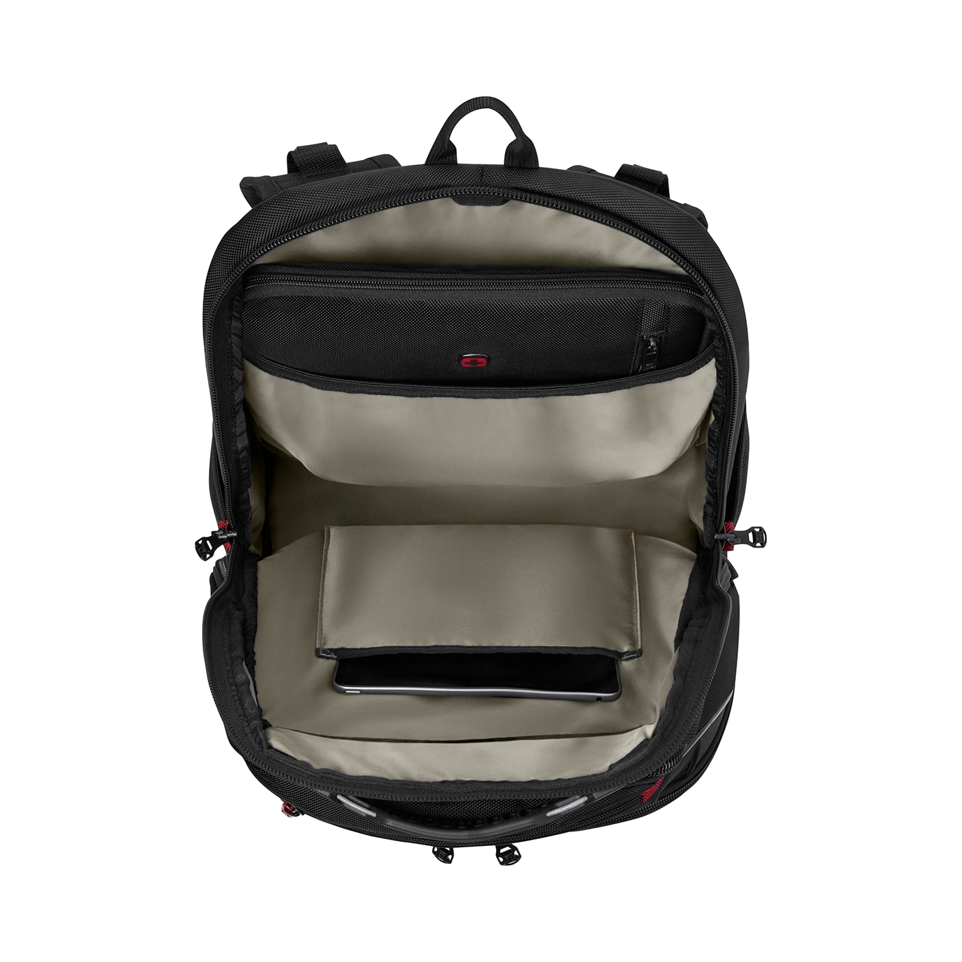 Black backpack, open, with multiple compartments and a smartphone inside.