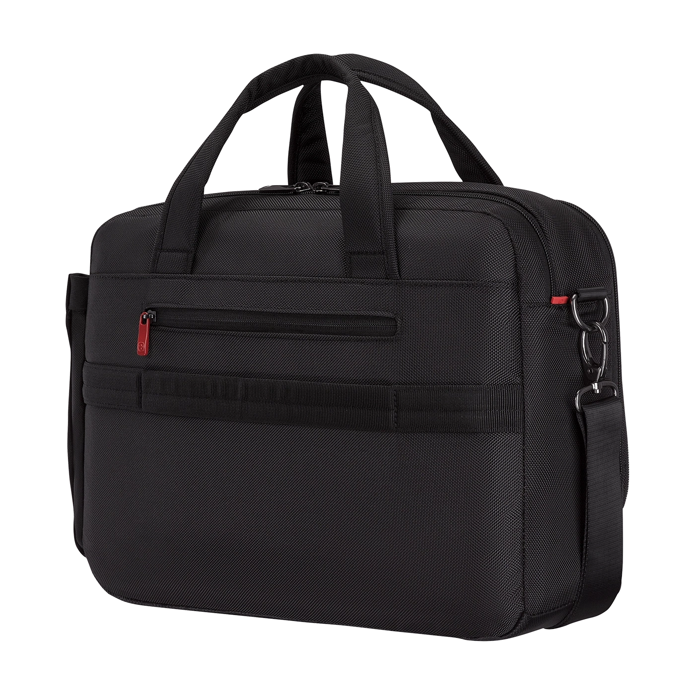 Black briefcase with handles and shoulder strap, zipper and red accent details