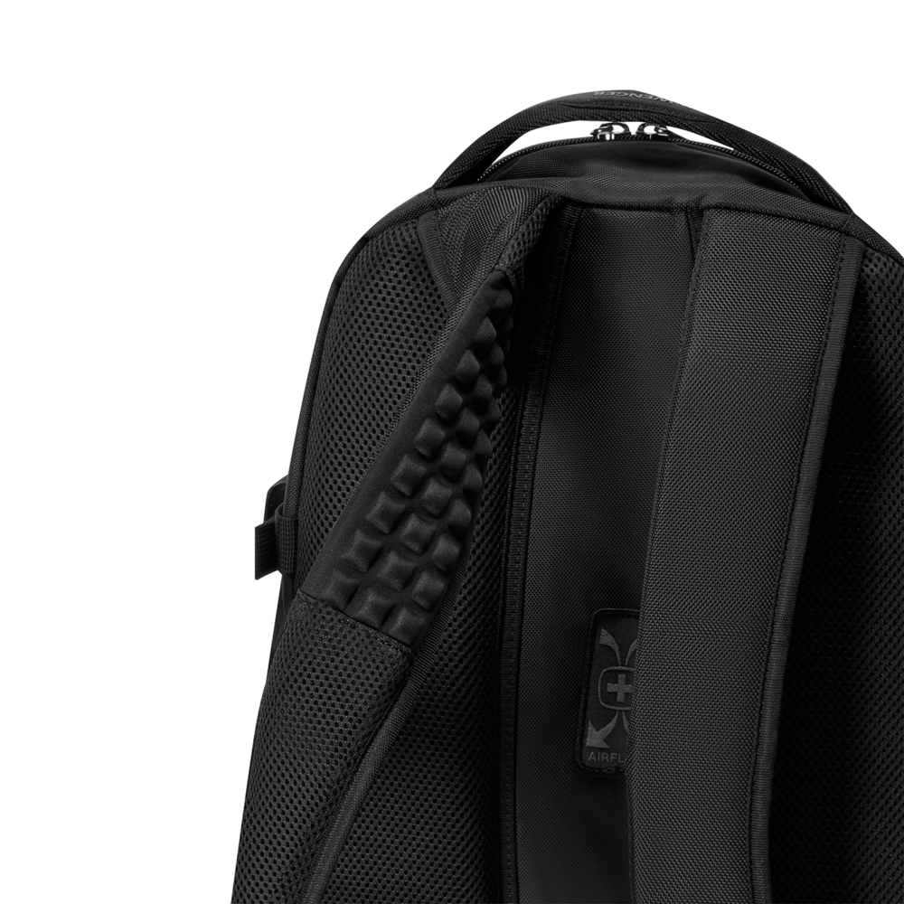 Black backpack with Airflow system and padded straps, close-up shot