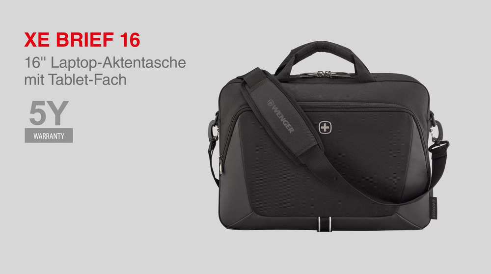 Black laptop bag with 5 year warranty and tablet compartment from Wenger.
