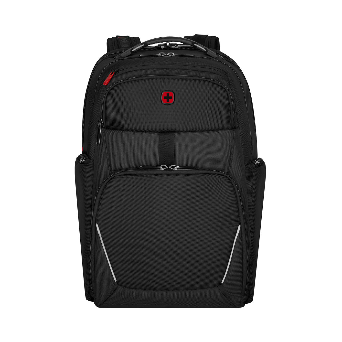 Black backpack with red cross and white stripes on a black background.