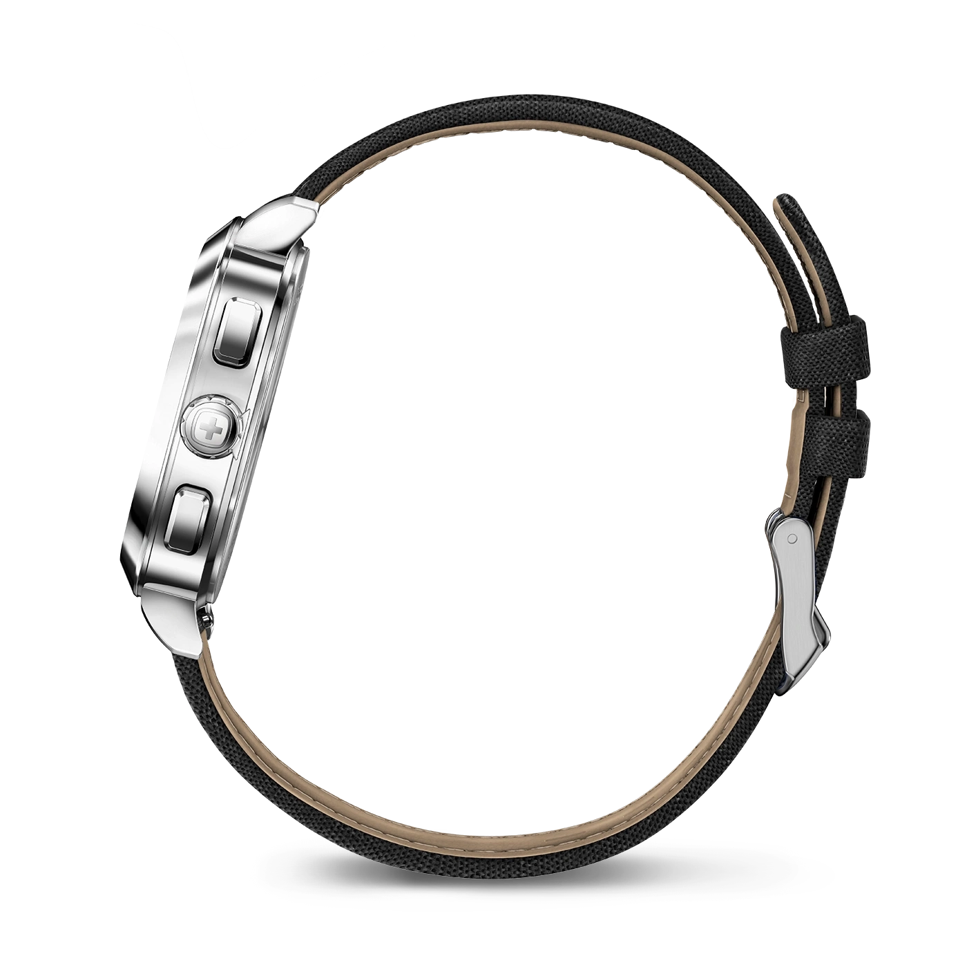 Uhr mit schwarzem Armband, Seitenansicht, silbernes Gehäuse, Detailaufnahme, Nahaufnahme