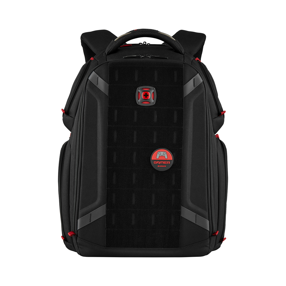 Black gaming backpack with red accents and logo details, front view.