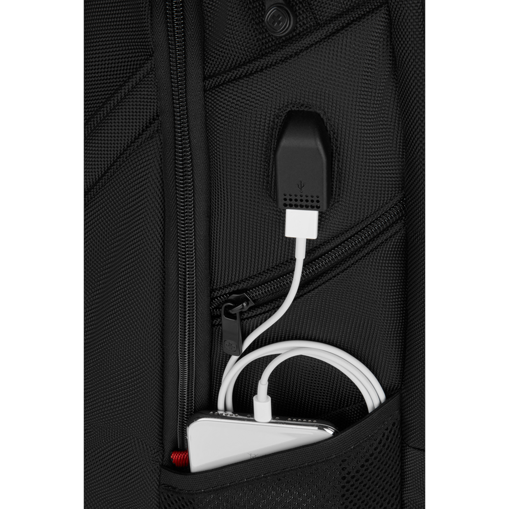 Black backpack with USB port and smartphone in the pocket, charging