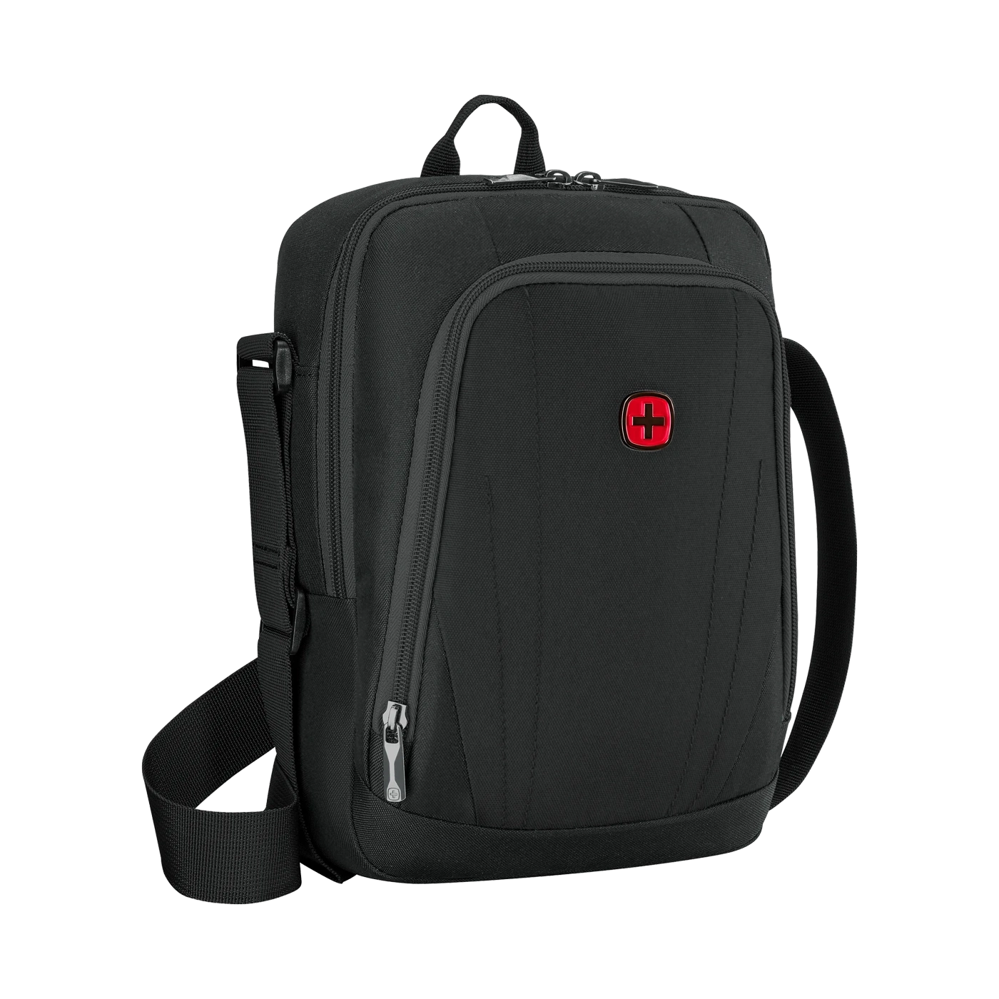 Black messenger bag with red cross logo and zipper closure