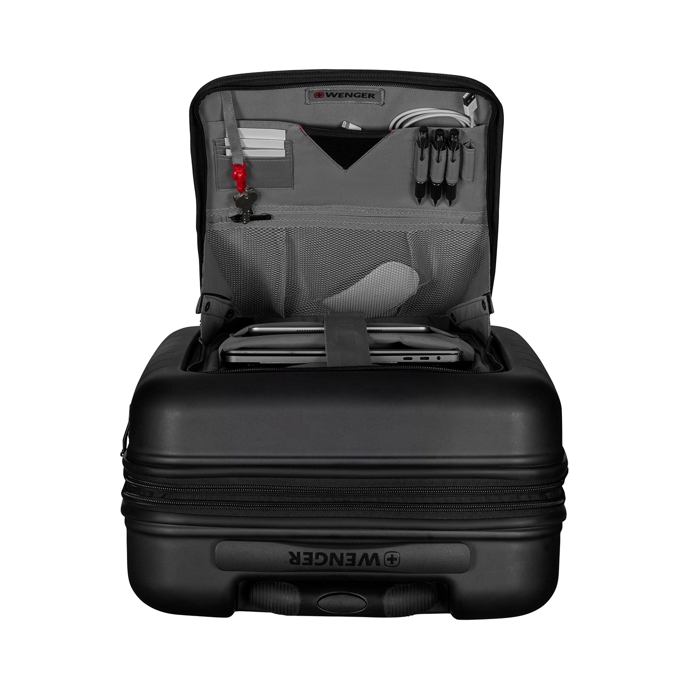 Black suitcase with open compartment, laptop, and accessories.