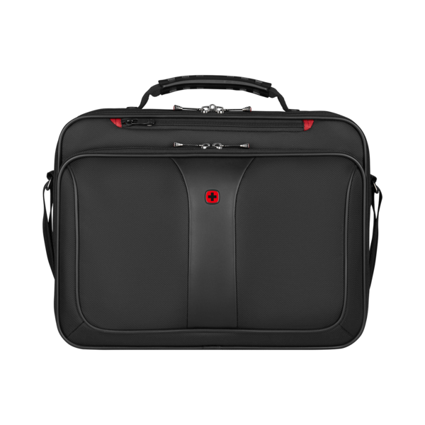 Black briefcase with red cross and zippers, handle, business bag, travel