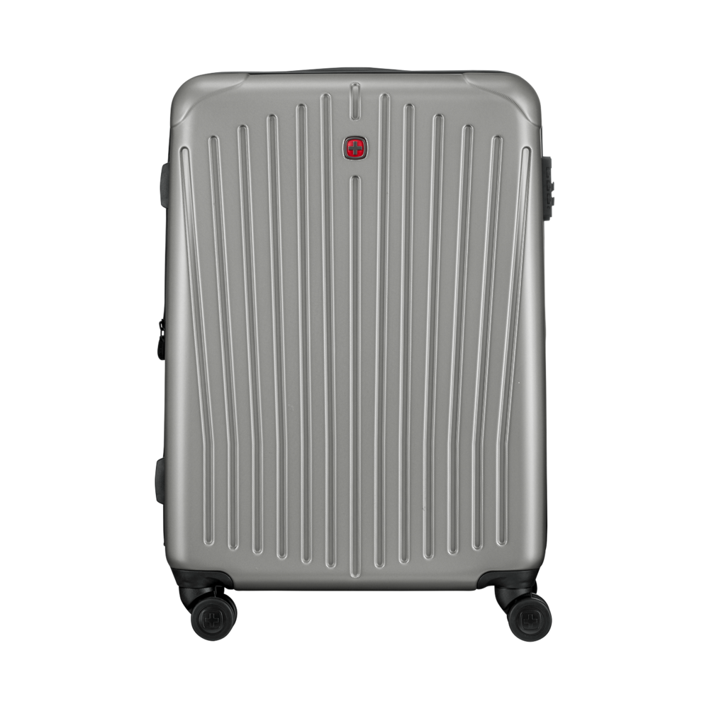 Silver suitcase with vertical stripes and wheels, isolated on white background