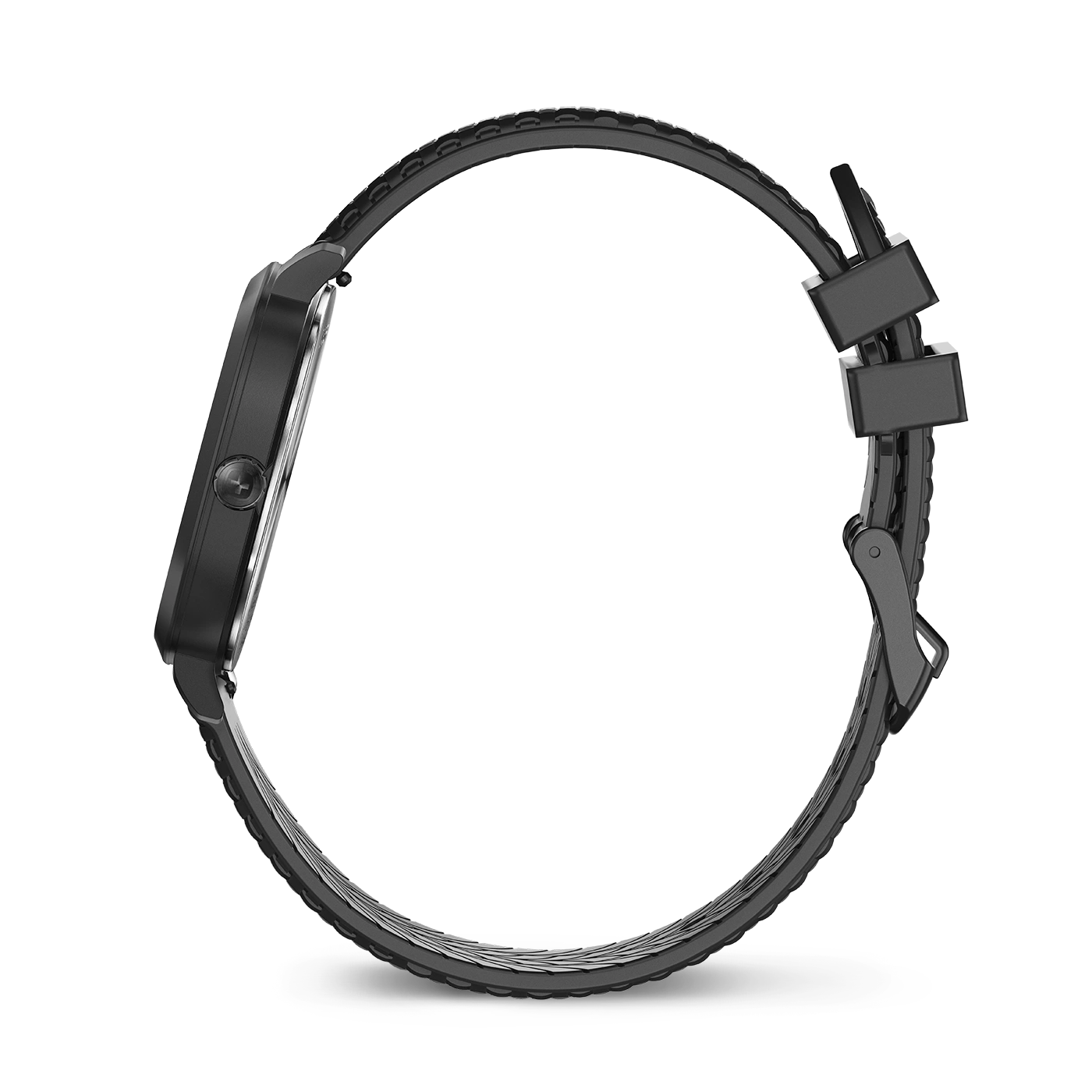 Black watch with black strap, side view, close-up, modern design, elegant accessory
