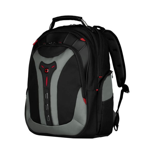 Black backpack with gray accents and red details on a black background.