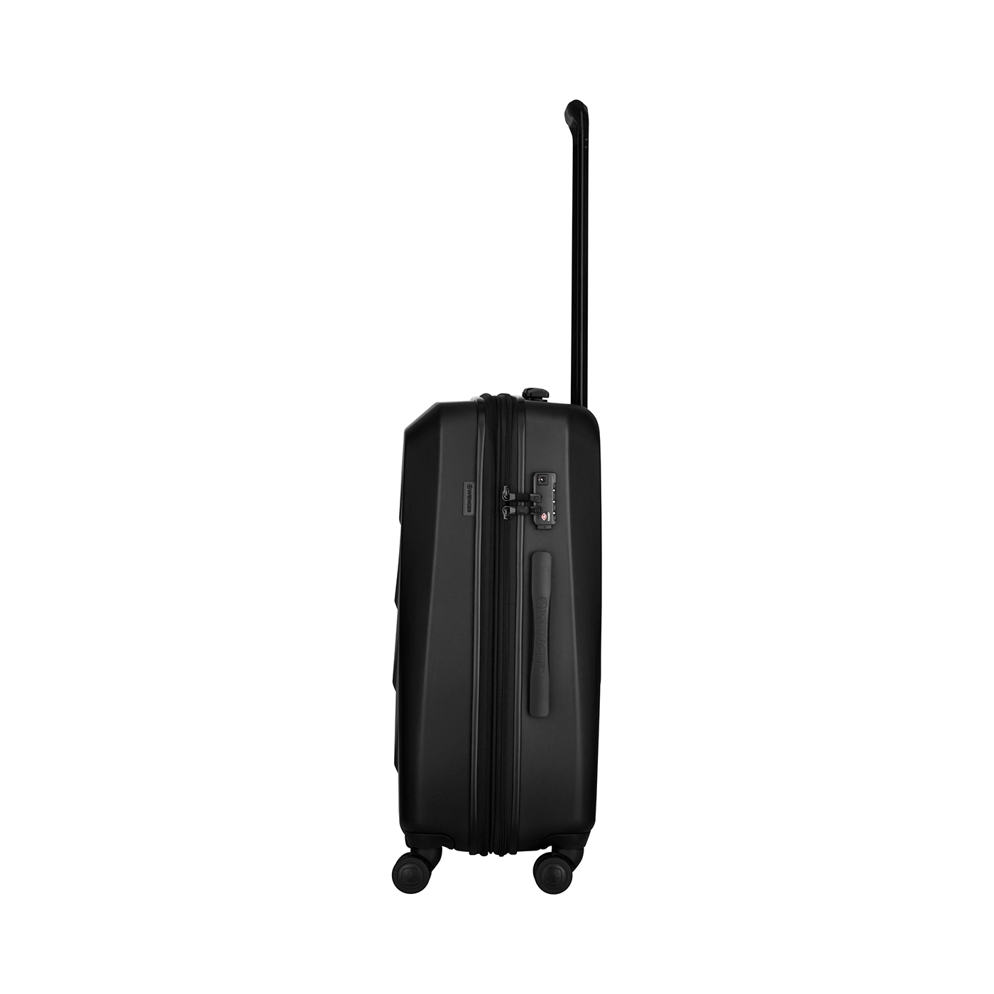 Black suitcase with retractable handle and wheels, side view