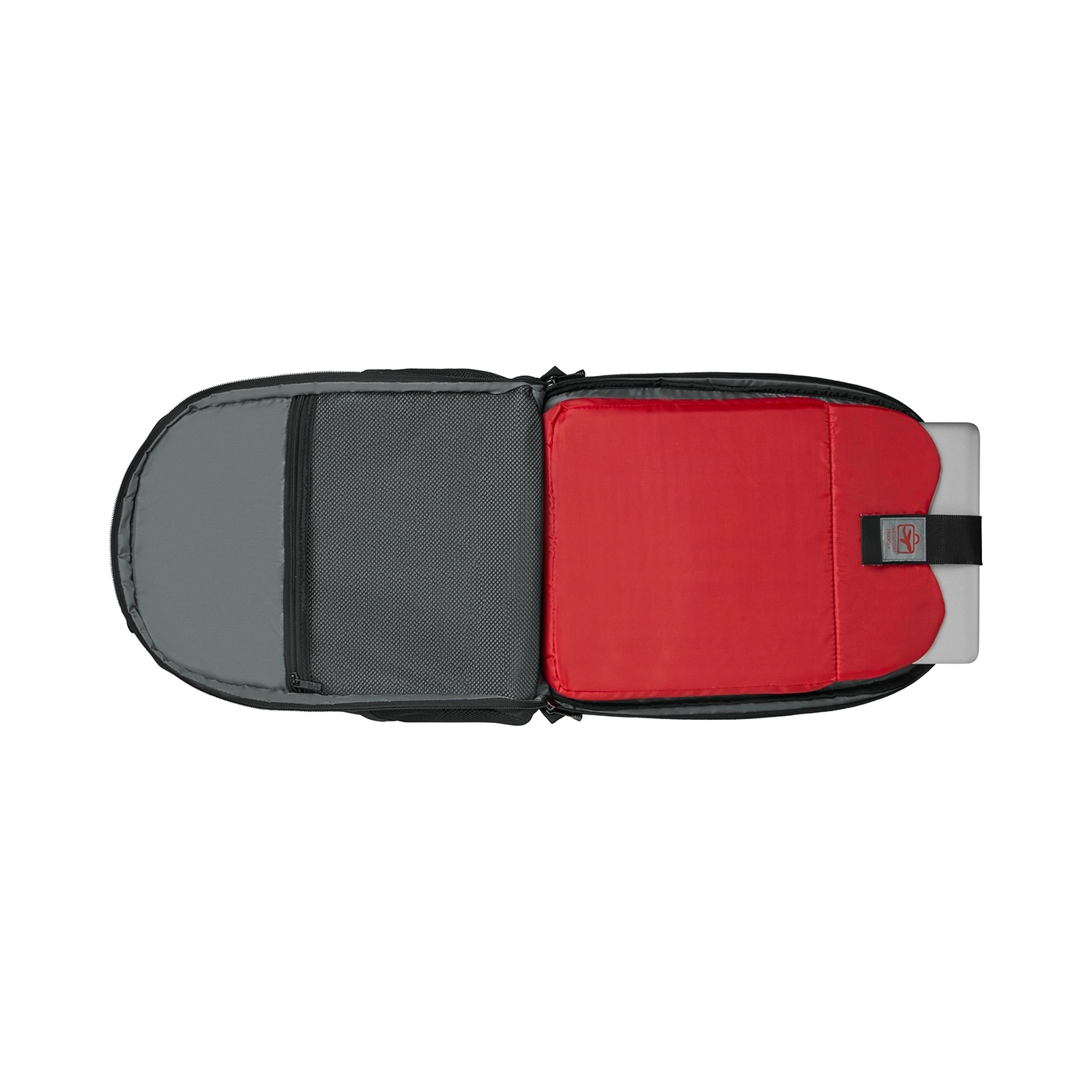 Black bag with red compartment and laptop, open, seen from above.