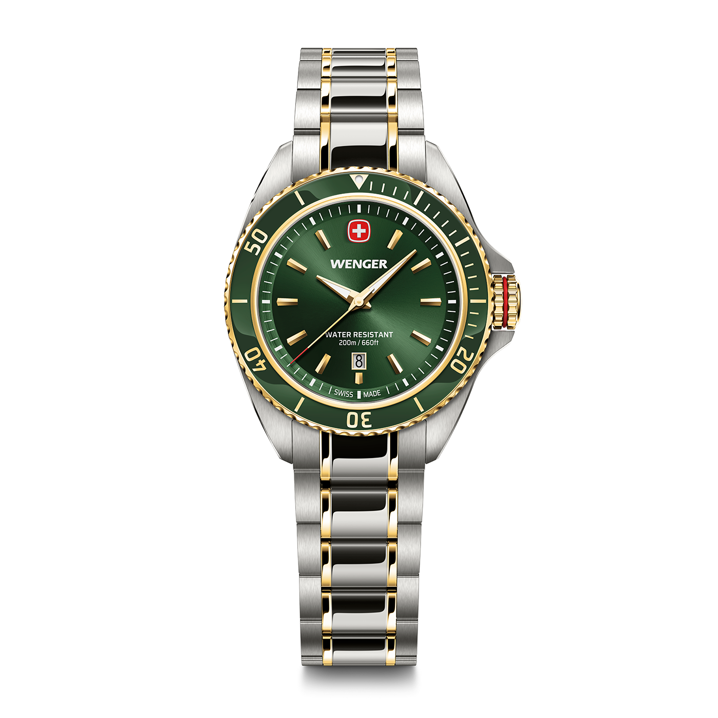Wenger watch with green dial, gold accents, and water resistance.