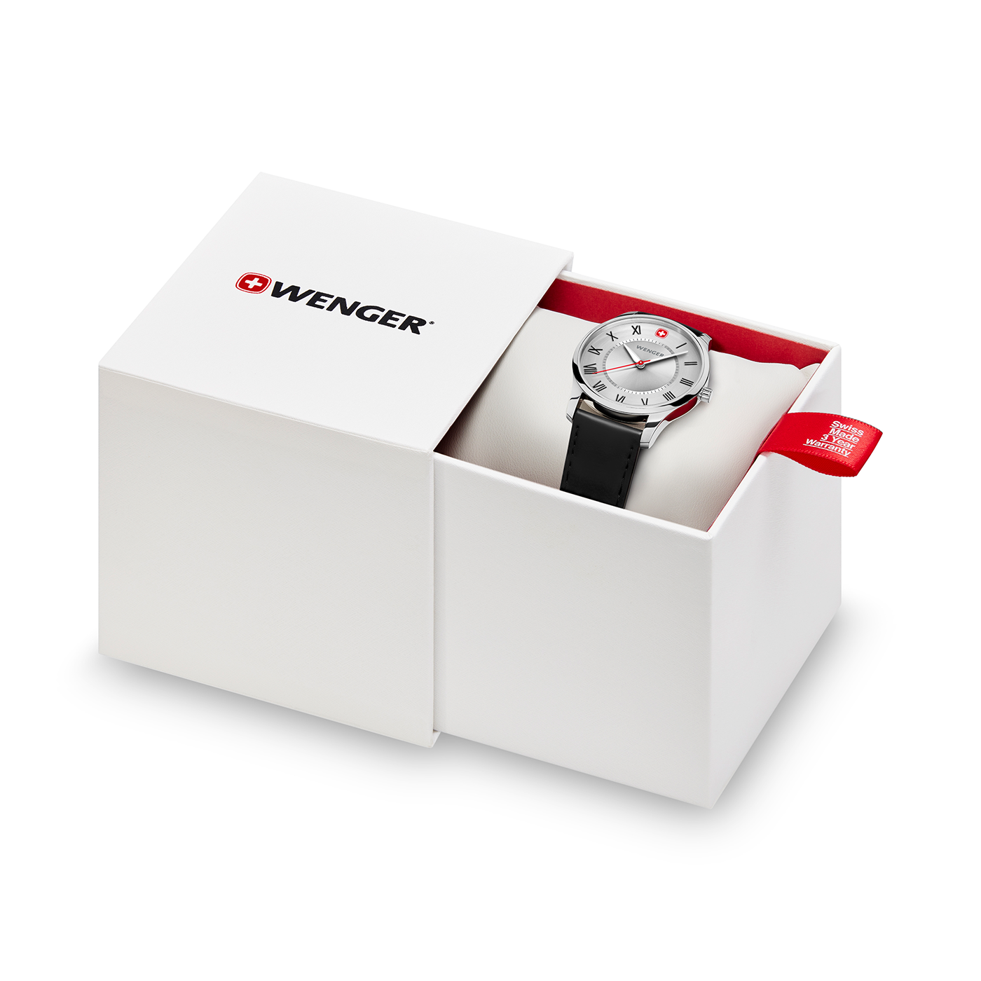 Wenger watch in a white box with red lining and warranty tag