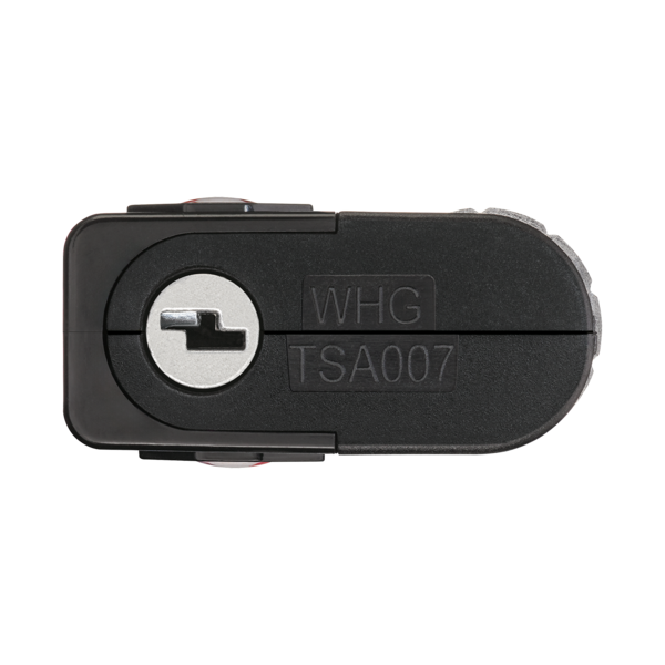 Black padlock with WHG TSA007 print and keyhole, close-up shot