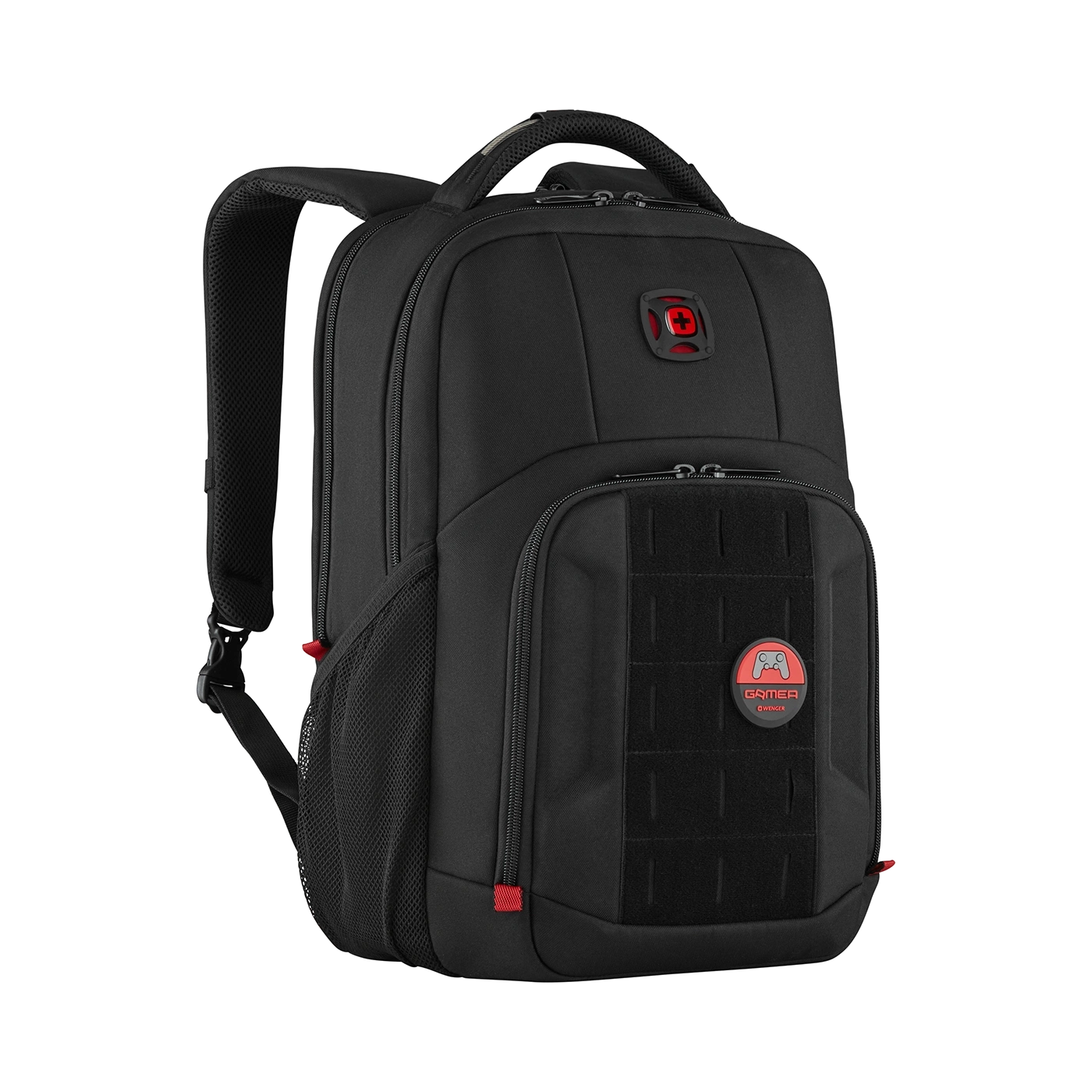 Black backpack with red accents and gamer logo, perfect for gaming enthusiasts and everyday use.
