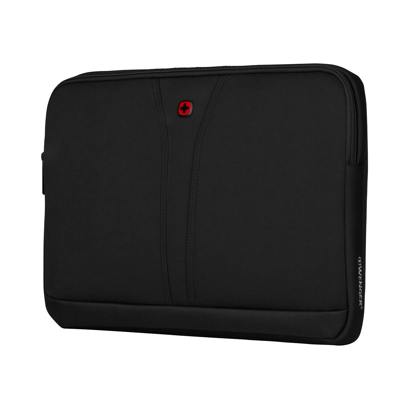 Black laptop sleeve with red cross logo and zipper, Wenger brand