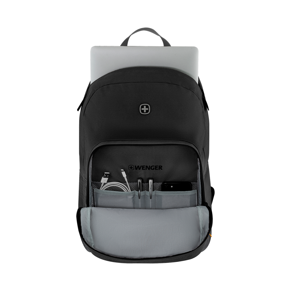 Black backpack with laptop and accessories, Wenger logo visible.