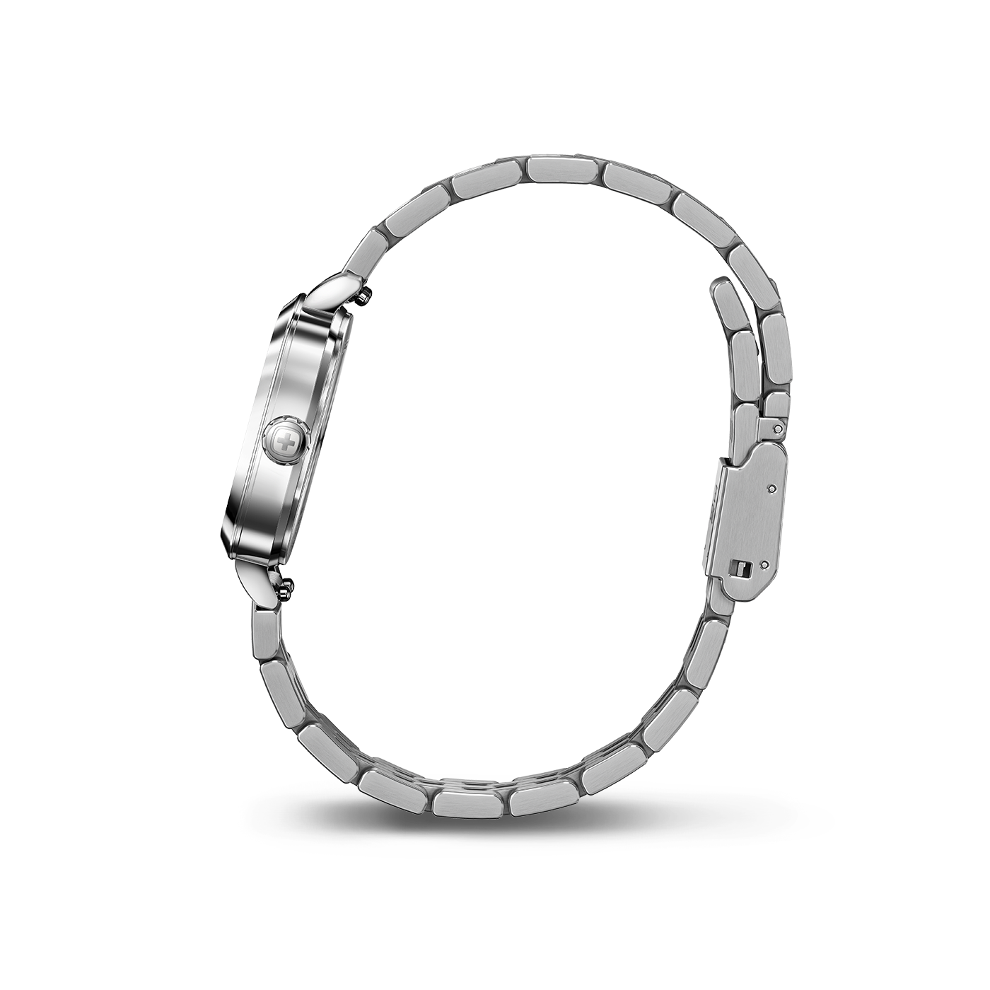 Silver watch with bracelet, side view, detail shot, elegant design