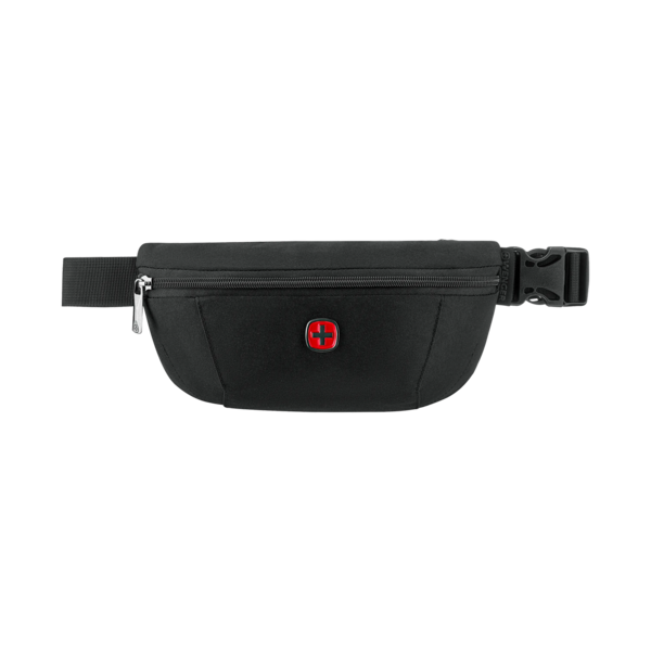 Black fanny pack with zipper and red logo, Wenger brand, on white background.
