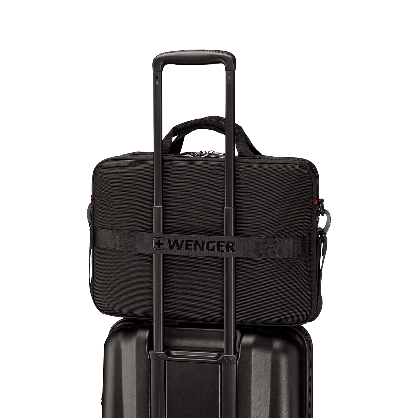 Black briefcase on black suitcase with retractable handle, Wenger brand.