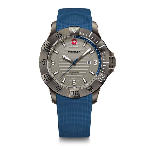 Wenger watch with blue strap and face, Swiss design, 20 ATM water resistance.